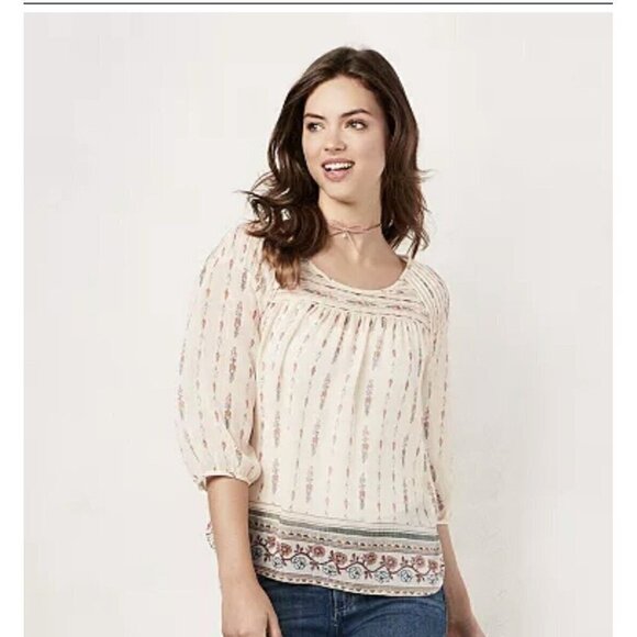 Lauren Conrad Printed Chiffon Peasant Top Zina Geo Sunkiss Size Medium - Picture 1 of 12